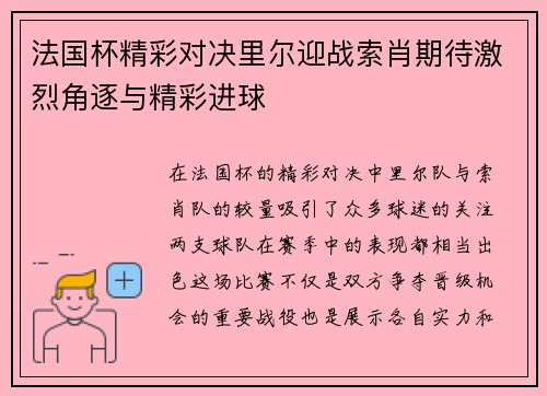 法国杯精彩对决里尔迎战索肖期待激烈角逐与精彩进球